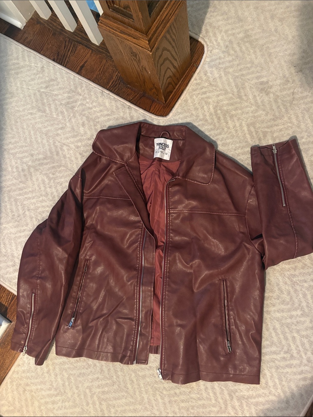 Princess Polly Faux Leather Bomber Jacket in Burgundy